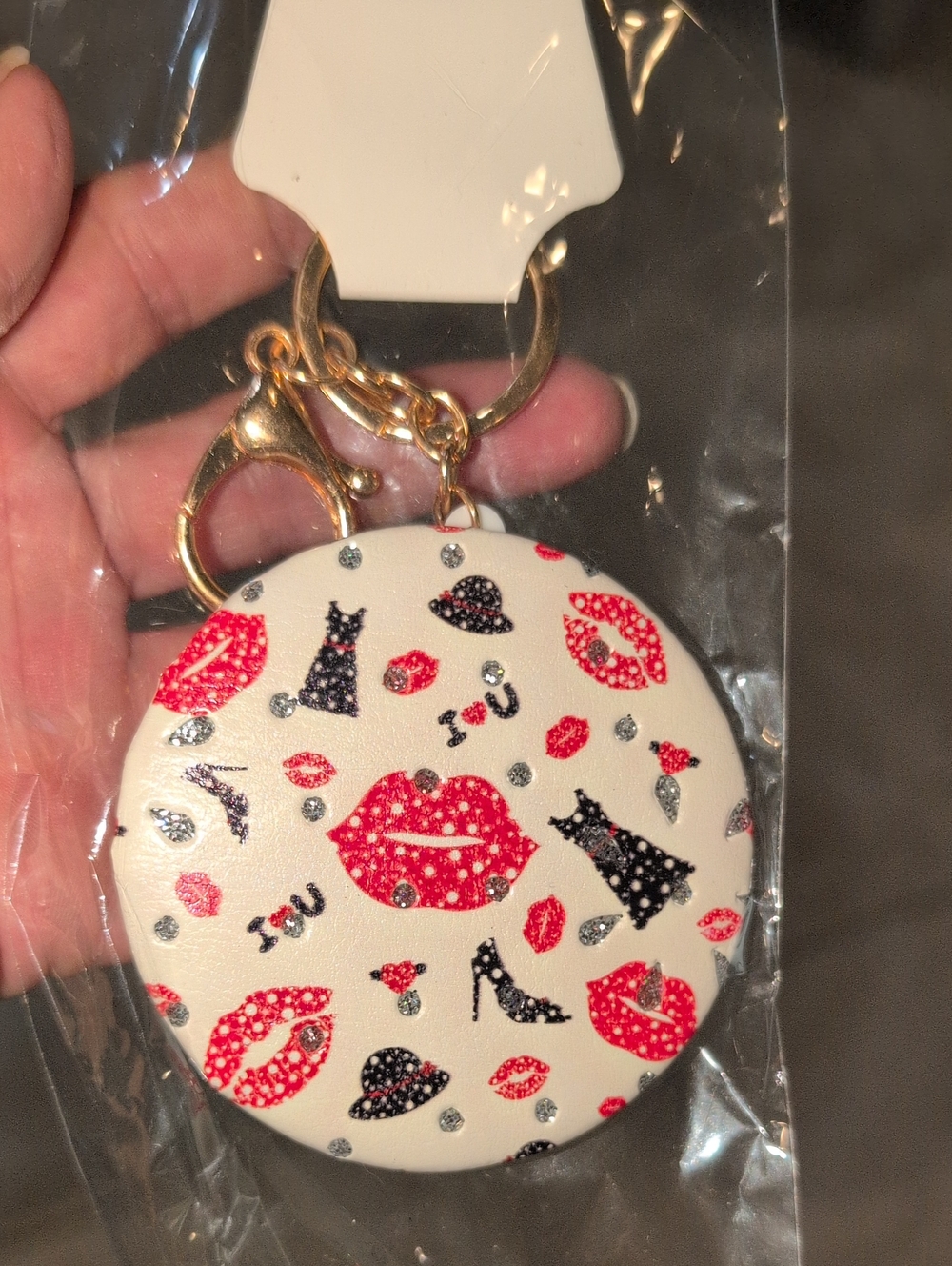 Lip Print Keychain Mirror - White with Red & Black Accents
